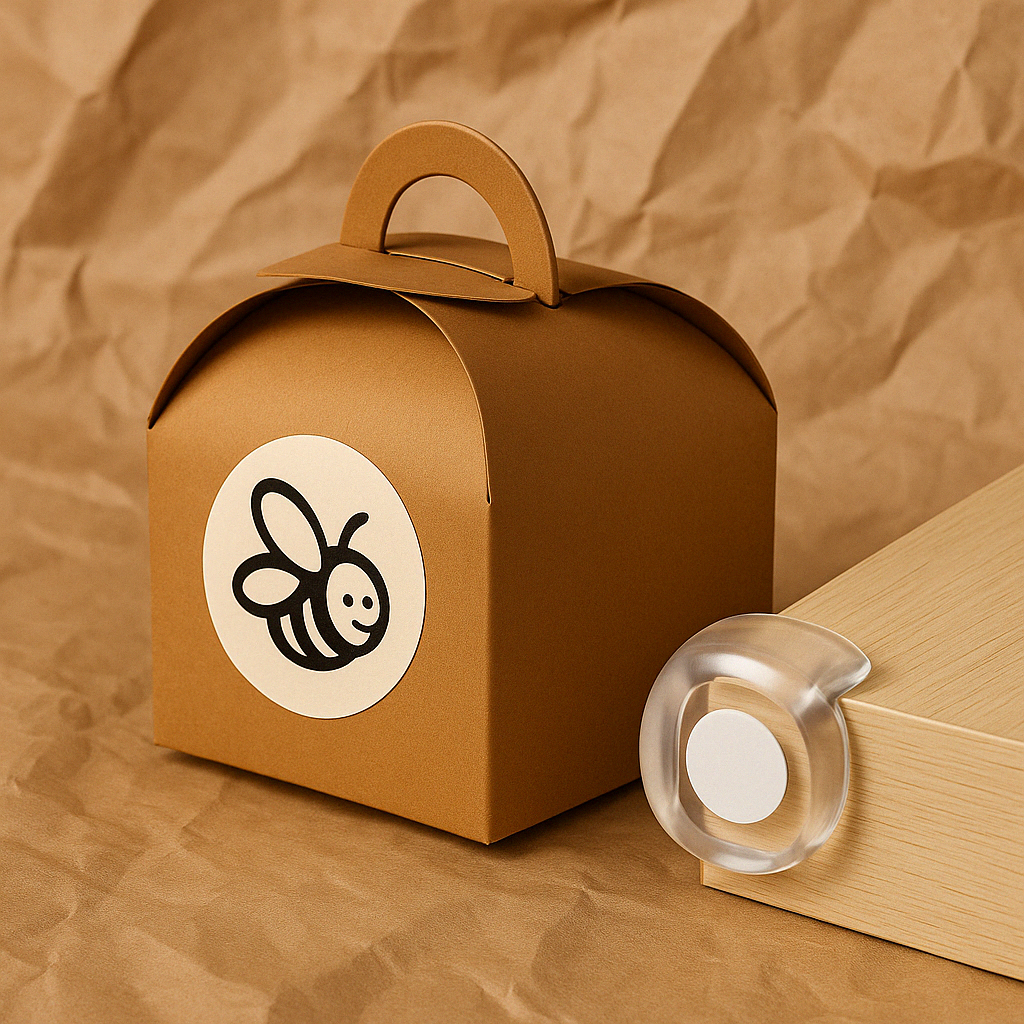 Baby bordkantbeskyttere i klar plast – 6 stk. pakket i brun æske med bi-logo, til sikring af skarpe møbelhjørner