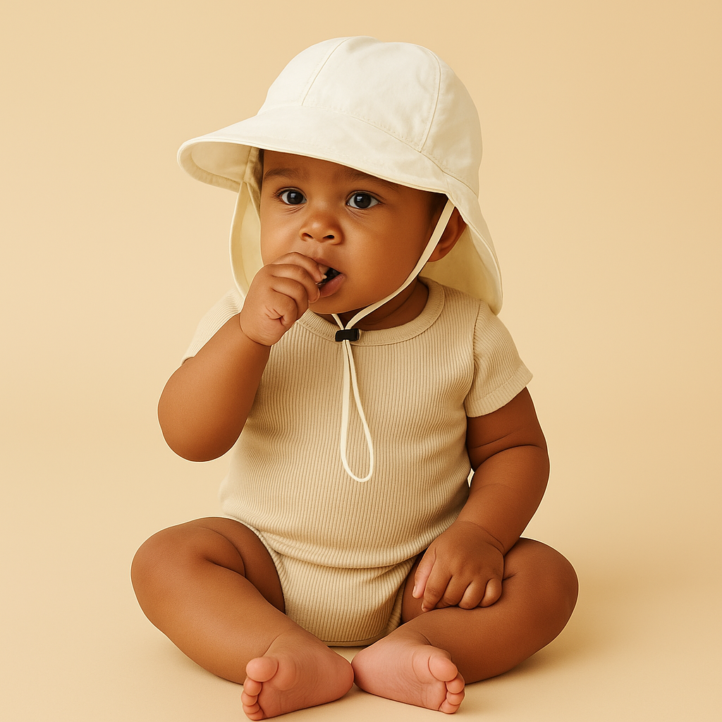 Baby iført beige solhat og body – sidder på neutral baggrund med UV-beskyttende baby solhat
