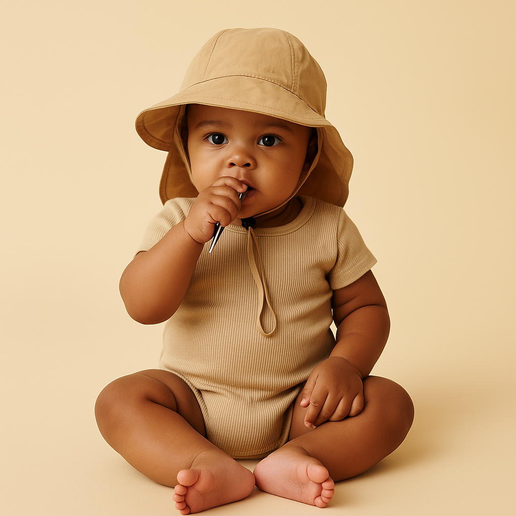 Baby iført brun solhat og body – sidder på neutral baggrund med UV-beskyttende baby solhat
