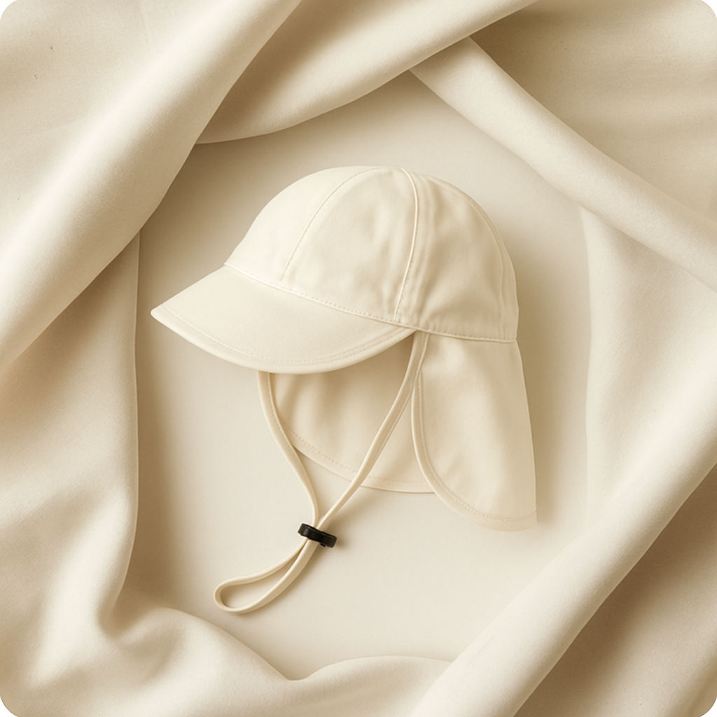 Beige baby solhat med nakkeskygge og UV-beskyttelse – liggende på beige stofbaggrund

