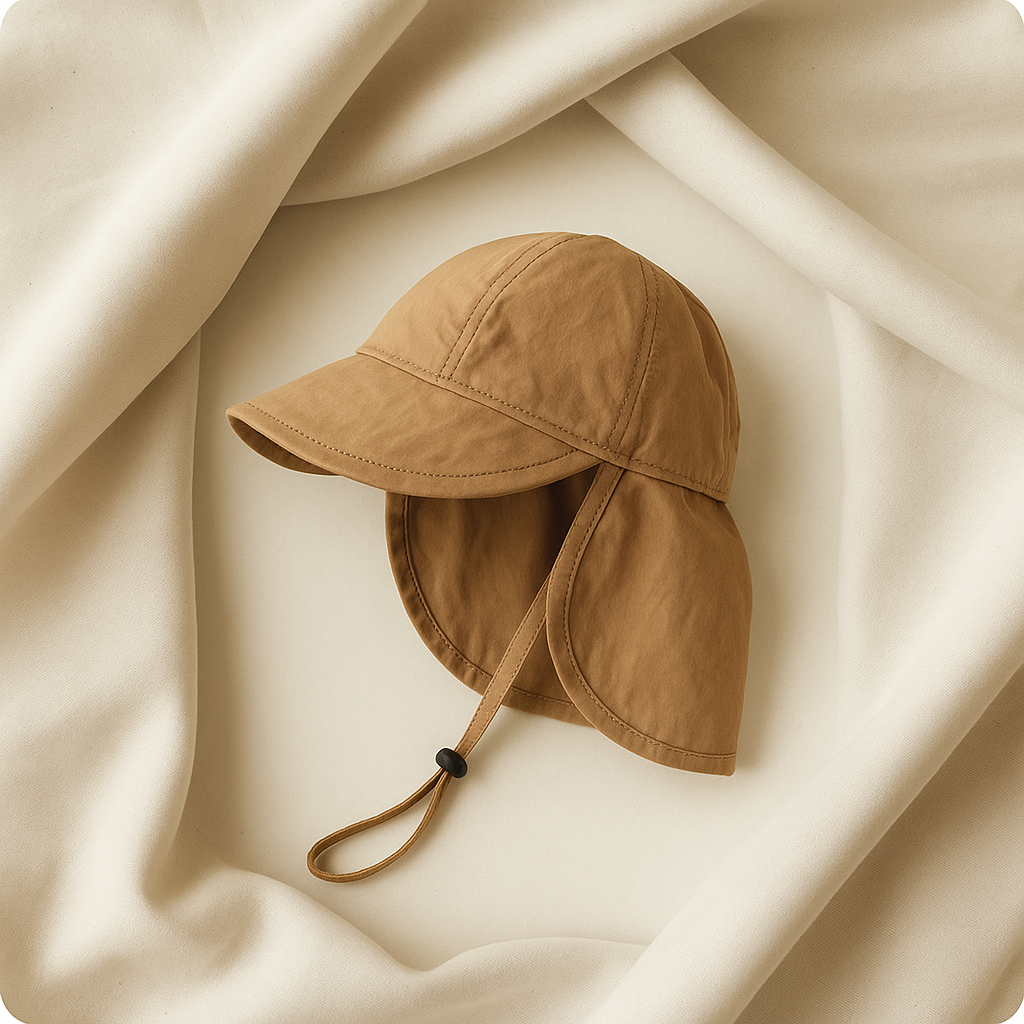 Brun baby solhat med nakkeskygge og UV-beskyttelse – liggende på beige stofbaggrund

